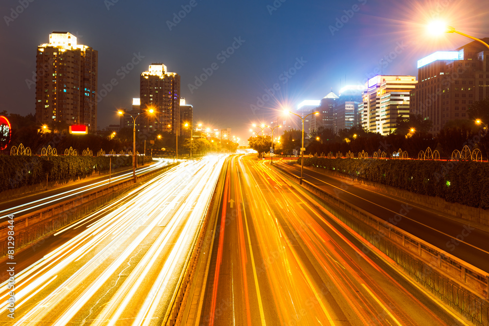 Obraz premium Beijing Financial Street sunset night and The light track