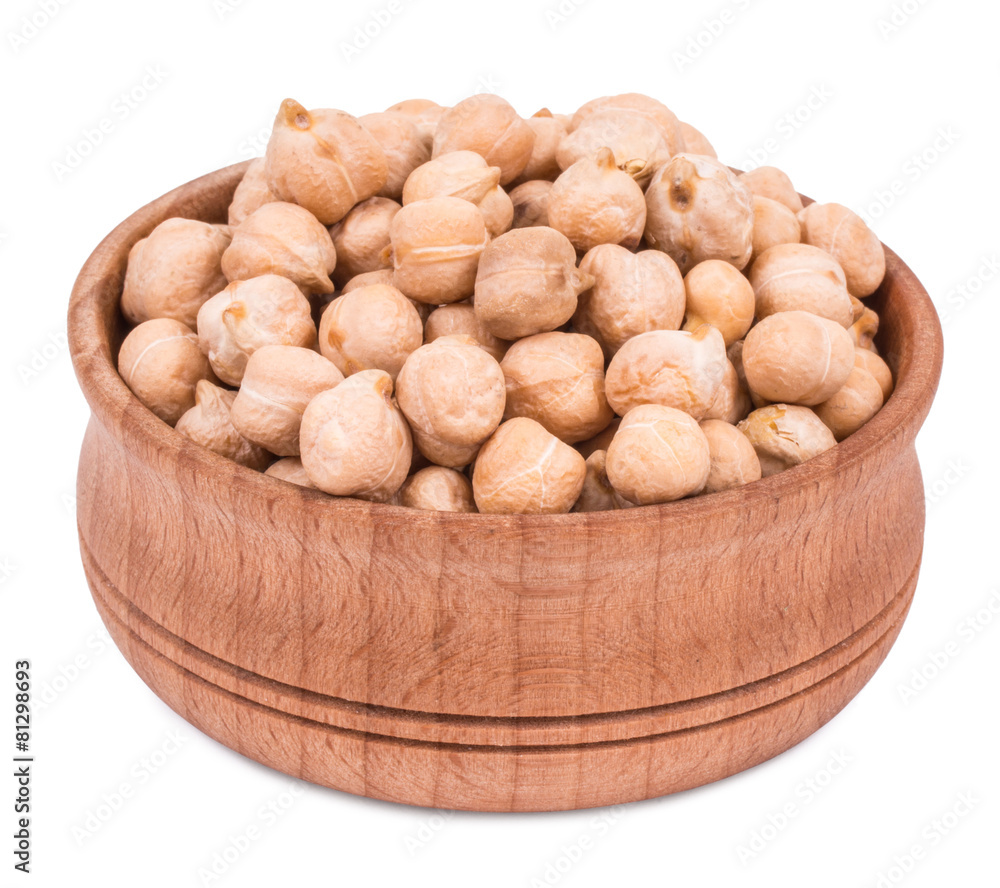 chick-pea in wood plate isolated on white background chick-pea in wood plate isolated on white background