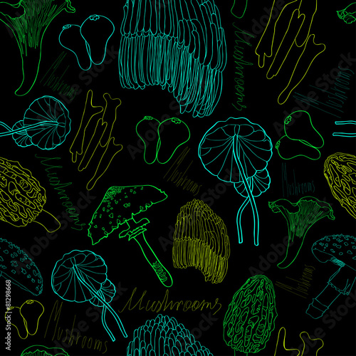 Seamless pattern with fluorescent  mushrooms