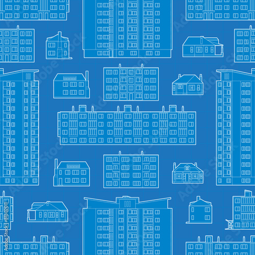 Seamless pattern with blueprint of dwelling buildings