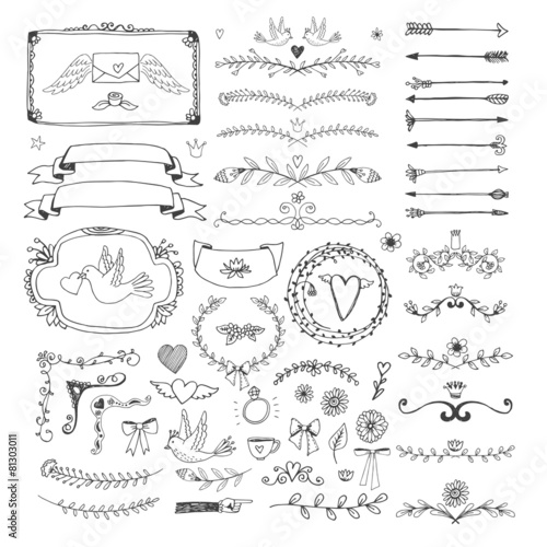 Hand drawn floral page elements. Swirls, ribbons, frames, arrows