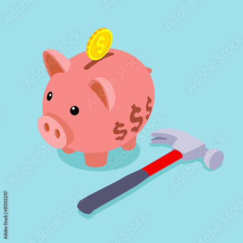 Piggy bank with golden coin and lying hammer