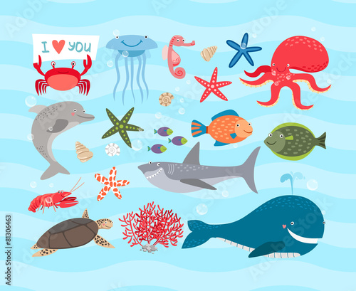 Vector cute sea animals. Dolphin and whale, octopus, turtle