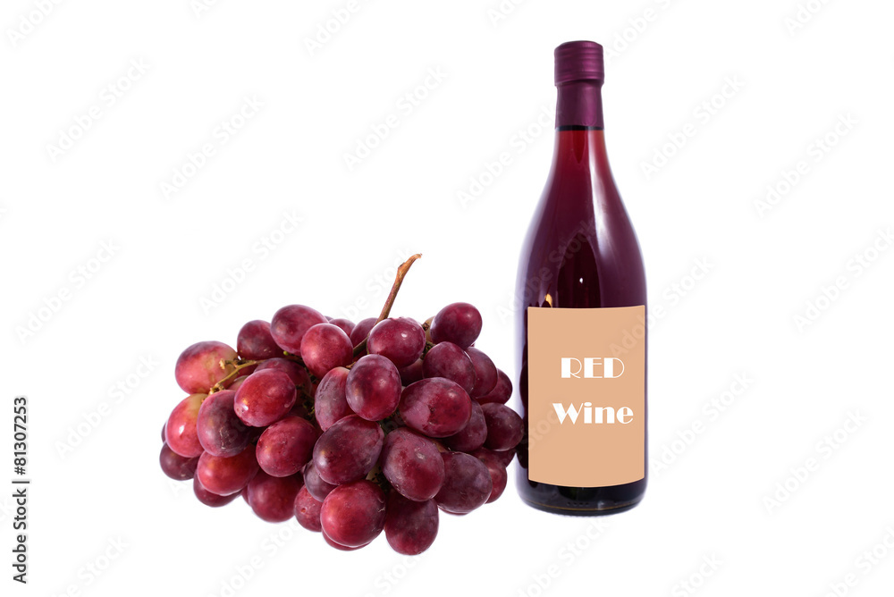 Ripe grapes and bottle of wine isolated on white
