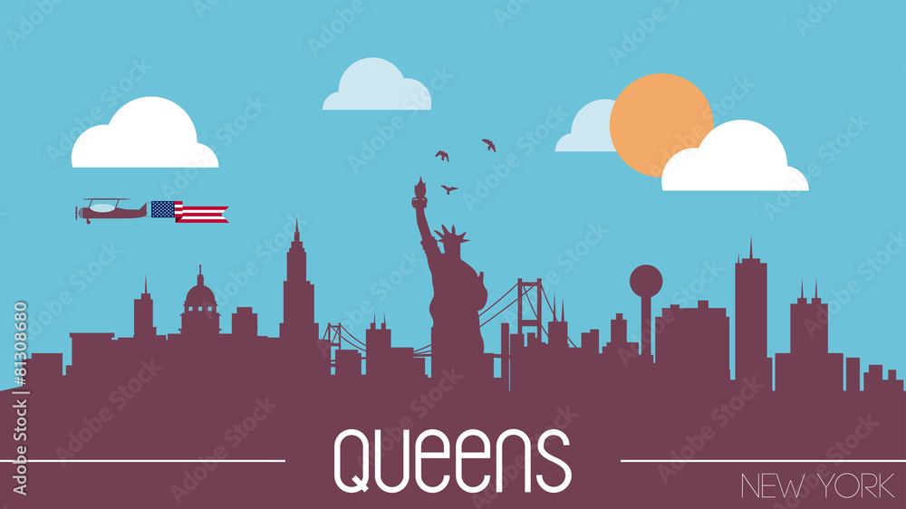 Queens New York USA skyline silhouette flat design