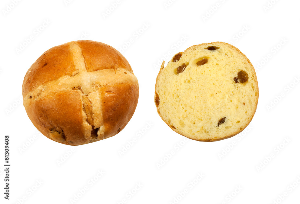 Freshly baked whole Bun with half sliced Bun, isolated Freshly baked whole Bun with half sliced Bun, isolated