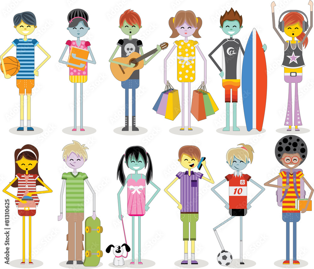 Group of cartoon young people. Colorful teenagers.