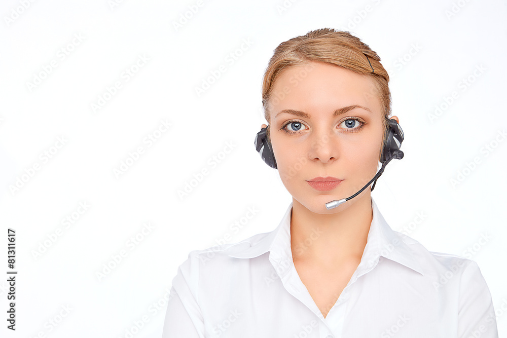Support phone operator in headset, blonde girl Support phone operator in headset, blonde girl