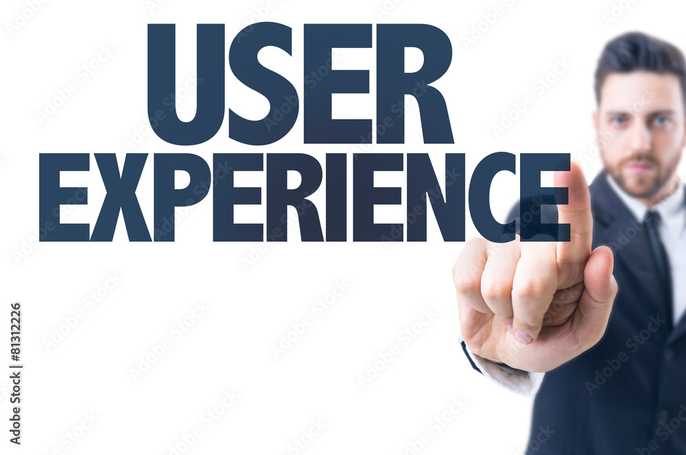 Business man pointing the text: User Experience Business man pointing the text: User Experience