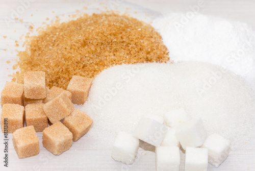 Different types of sugar - brown, white and refined sugar