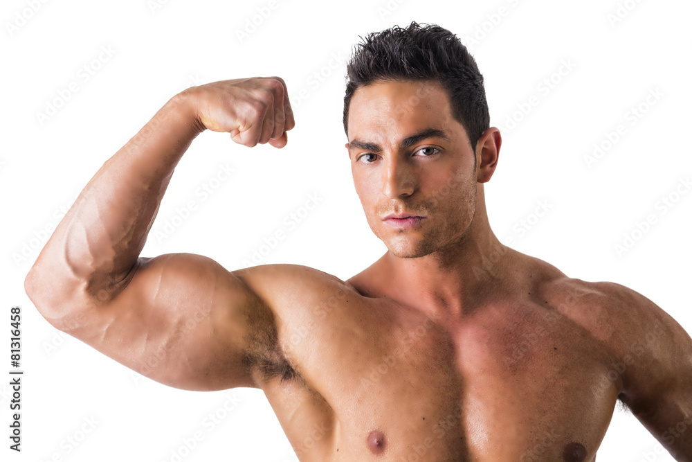 Handsome bodybuilder doing bicep pose, isolated on white Handsome bodybuilder doing bicep pose, isolated on white