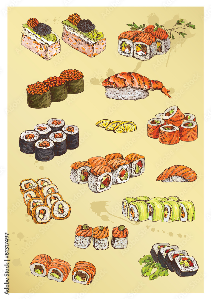illustration of hand drawing set of sushi illustration of hand drawing set of sushi
