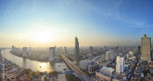 Photography panorama view beautiful curve of chao phraya river and high buil