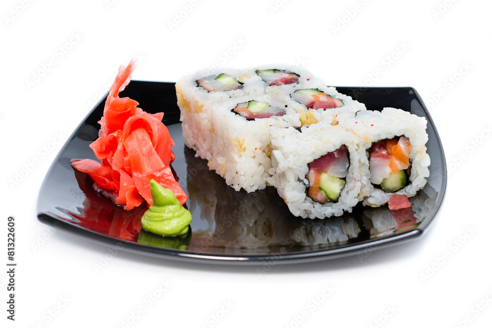 Sushi rolls on a white