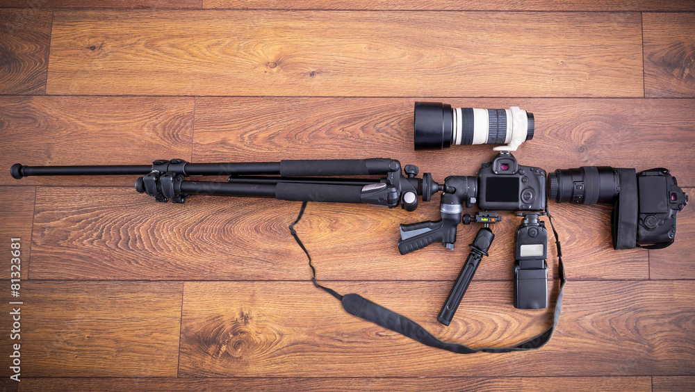 Camera equipment and tripods in the shape of machine gun Stock-bilde |  Adobe Stock