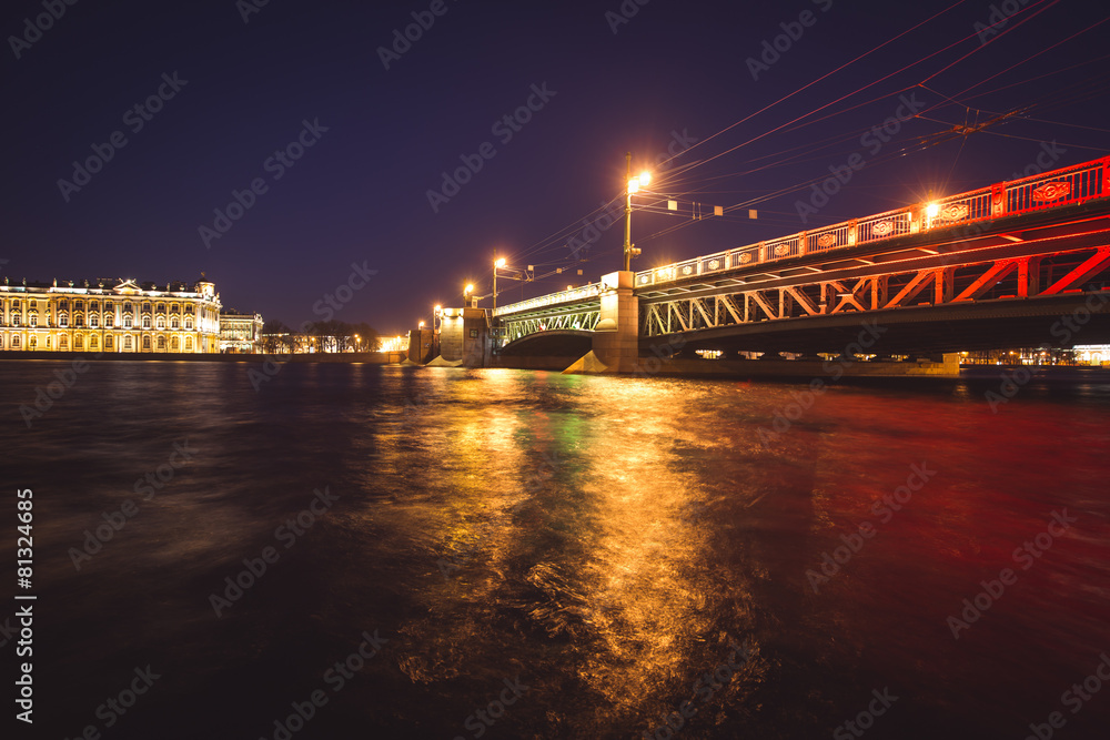 Saint-Petersburg, Russia, Palace Bridge and embankment, night
