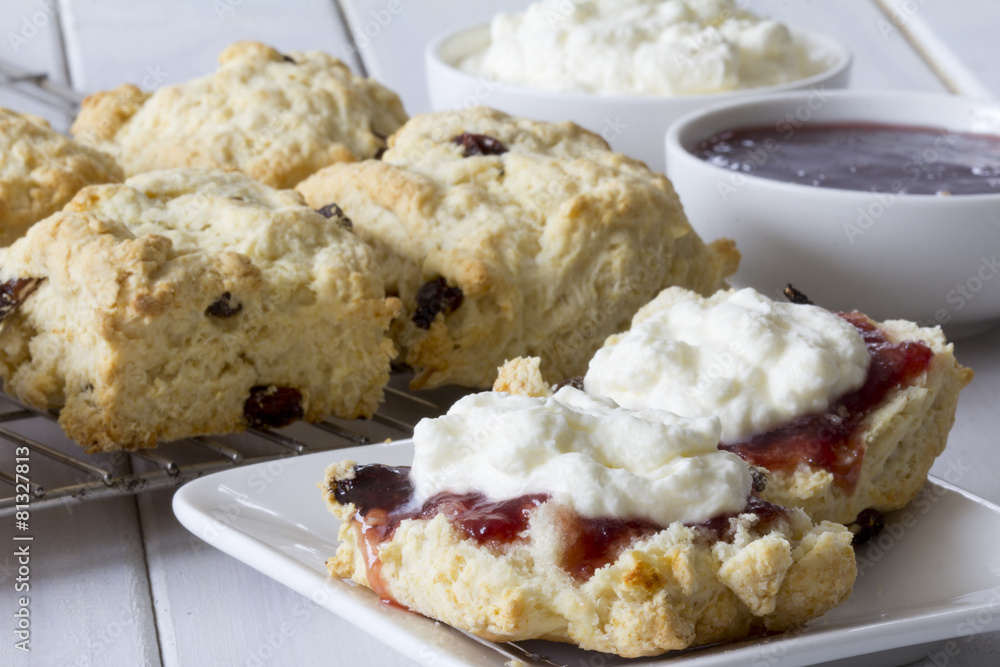 Sultana Scones with Jam and Cream on the Table Sultana Scones with Jam and Cream on the Table