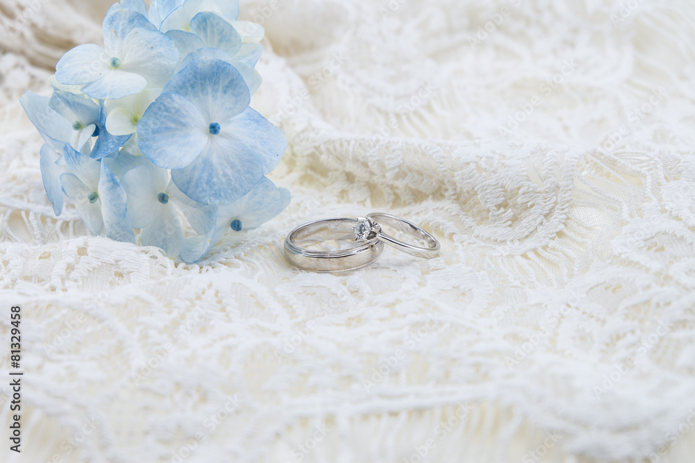 wedding ring with blue hydrangea on ivory lace wedding ring with blue hydrangea on ivory lace