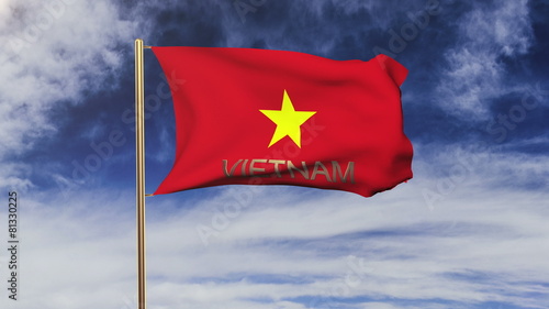 Vietnam flag with title waving in the wind. Looping sun rises