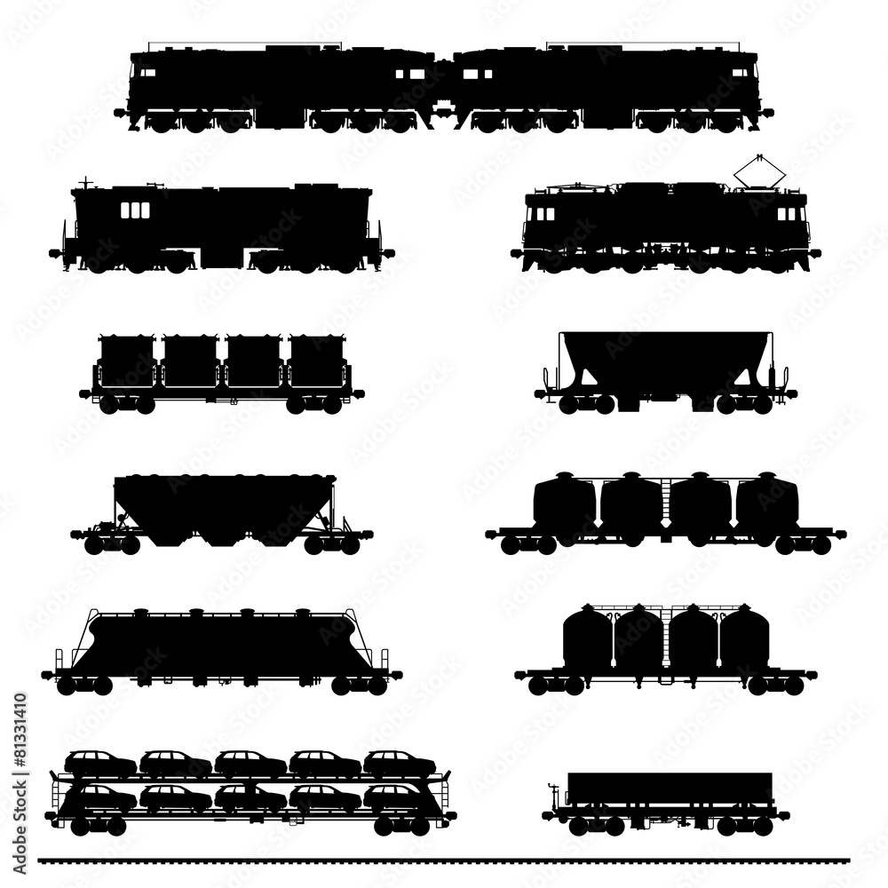 Set vector silhouettes of  locomotives with different wagons.