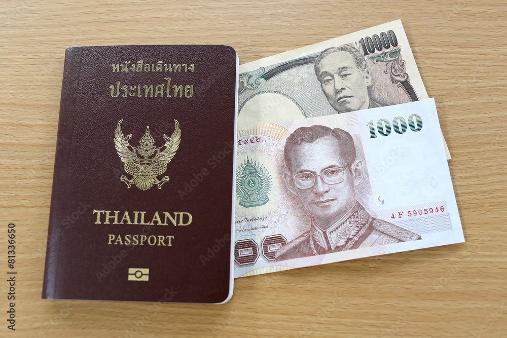 Fototapeta premium Banknotes of Japan and Thailand.