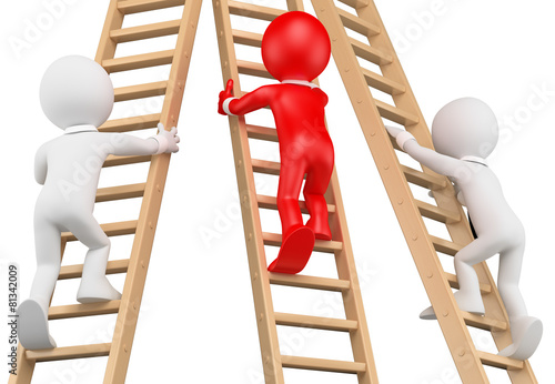 3D white people. Businessmen climbing a wooden ladder