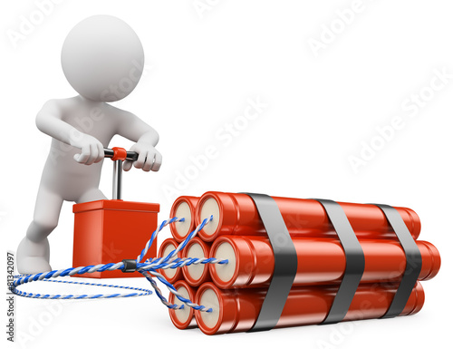 3D white people. Man exploding a bomb with a detonator