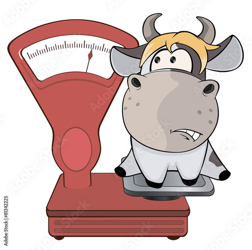 A small cow and weighing scale. Cartoon