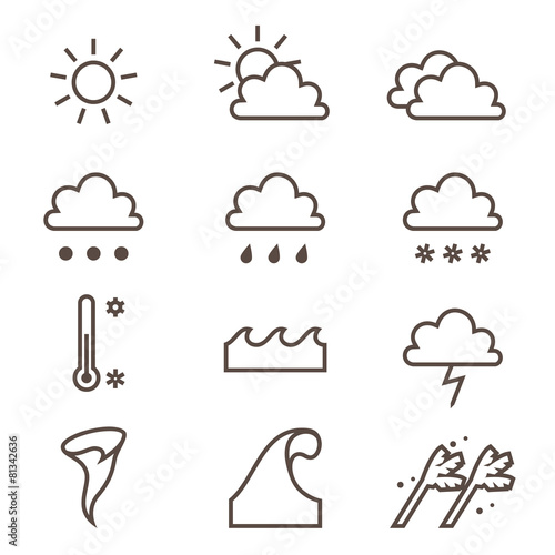 Weather linear icons set. Cloud, sun, precipitation