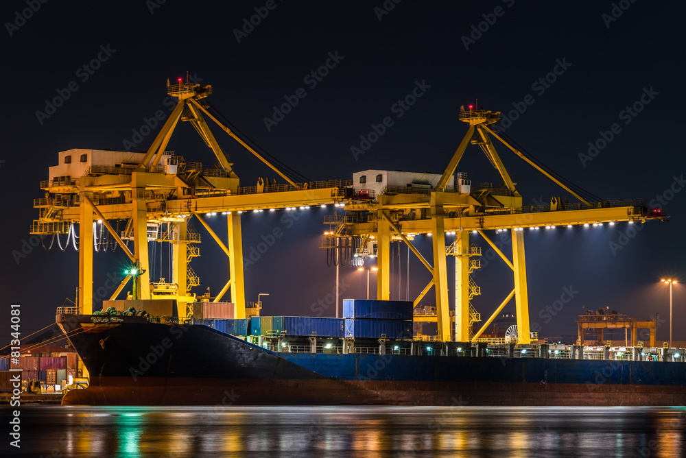 container cargo freight ship with working crane bridge in shipya