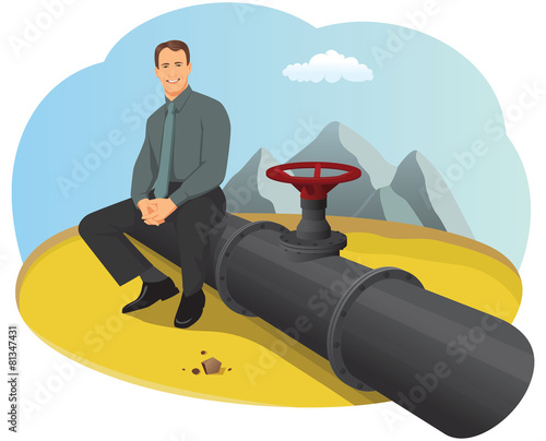 Happy businessman sitting on the oil pipeline in the desert