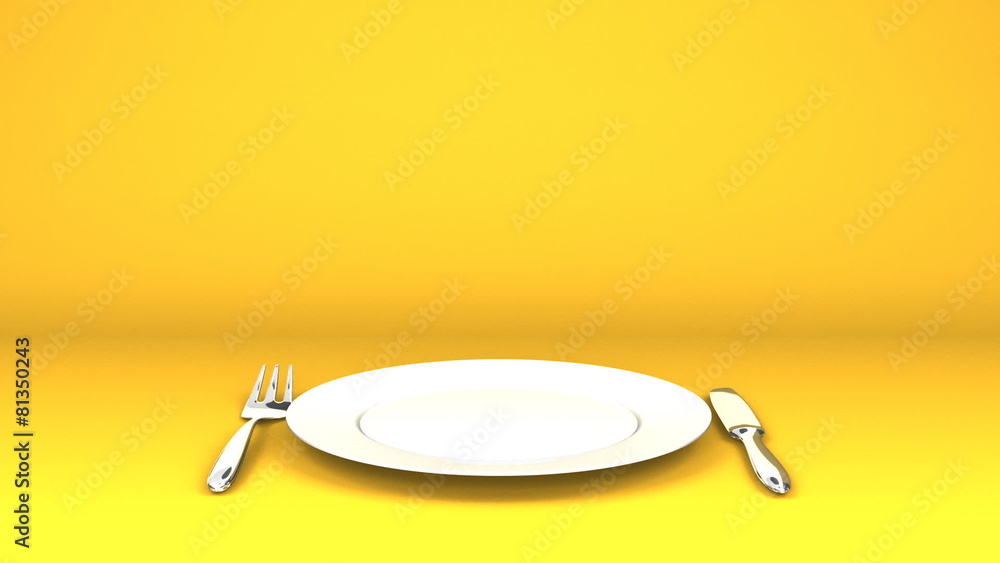 Cutlery And Dish On Yellow Text Space Cutlery And Dish On Yellow Text Space