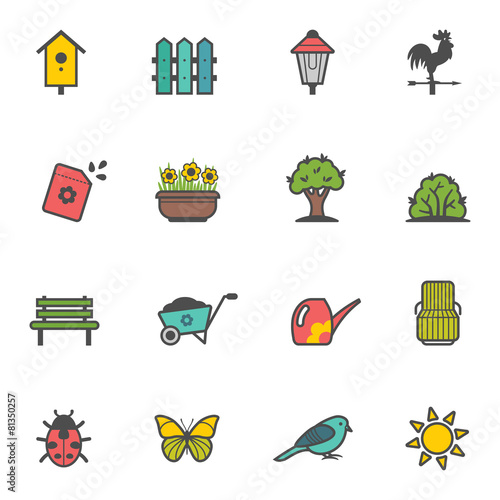 Vector icon set of garden tools and accessories