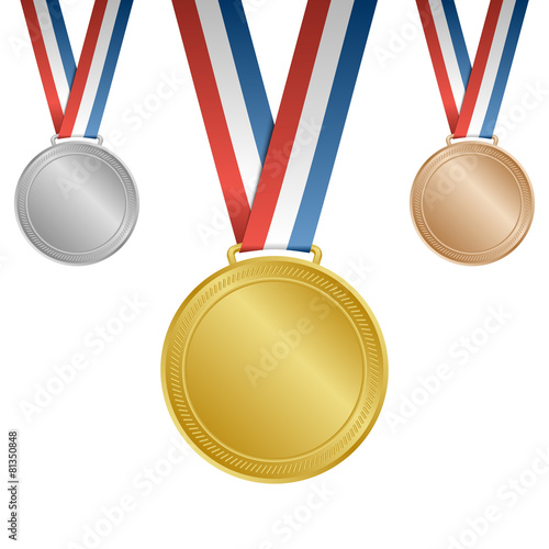 Gold, silver, bronze blank award medals with ribbons