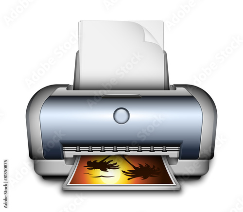 Printer icon with a paper sheets and photo. Vector Illustration