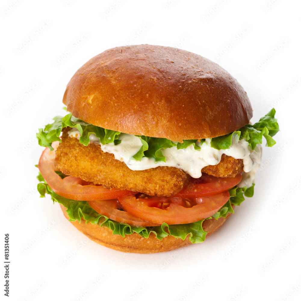Fish burger on white background. Selective focus. Fish burger on white background. Selective focus.