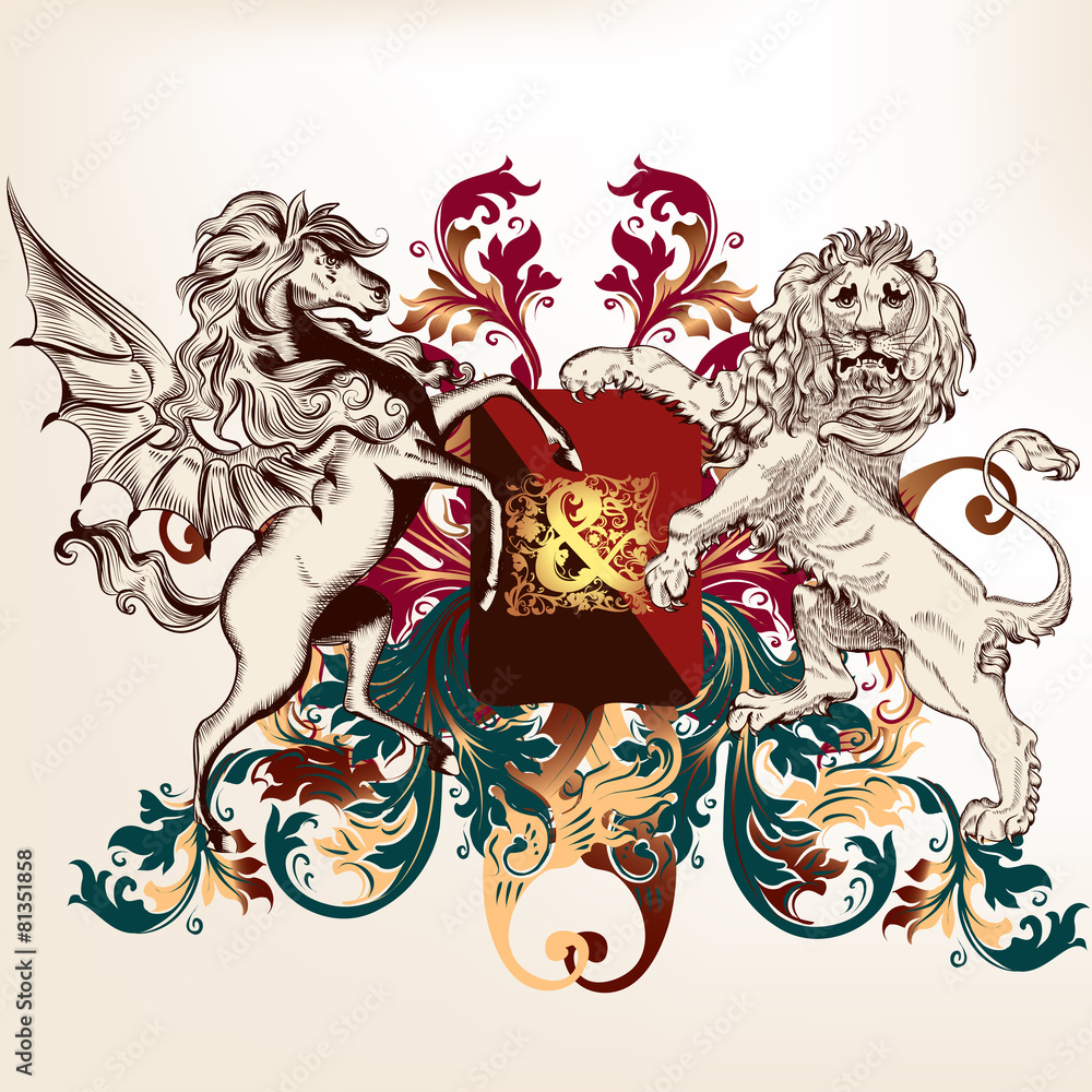 Heraldic design with shield, winged horse and lion