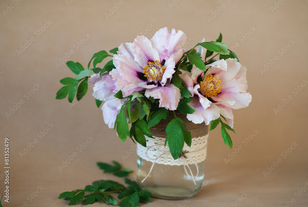 Beautiful pink and white wood peonies in a decorative vase on a Beautiful pink and white wood peonies in a decorative vase on a