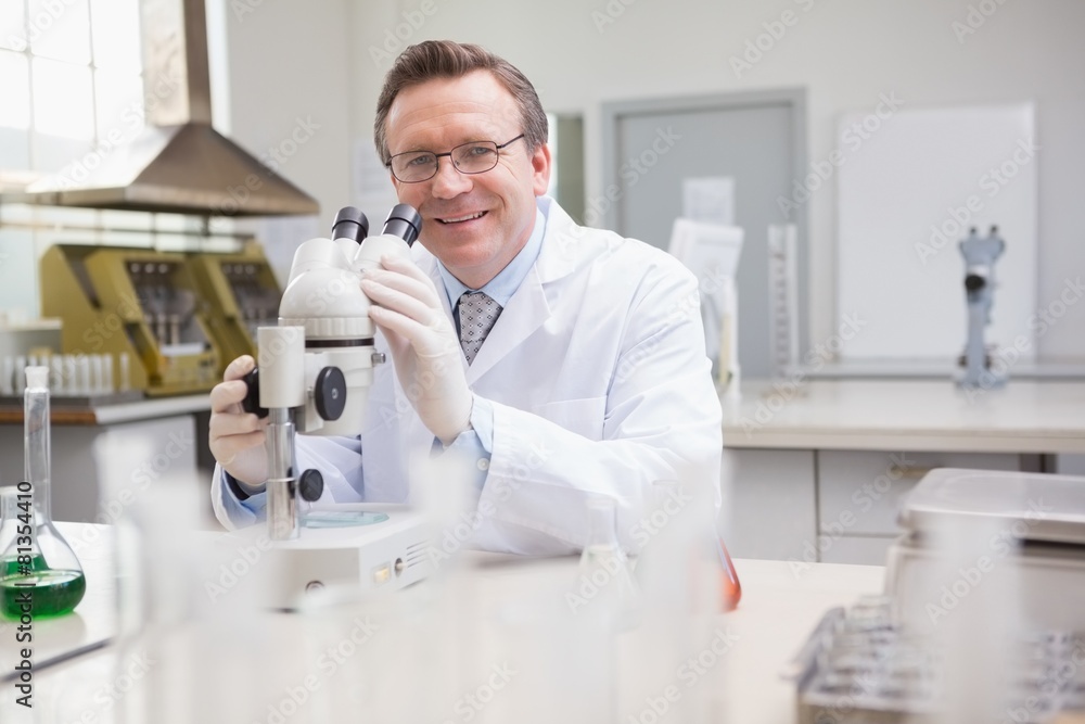 Scientist examining petri dish with microscope Scientist examining petri dish with microscope