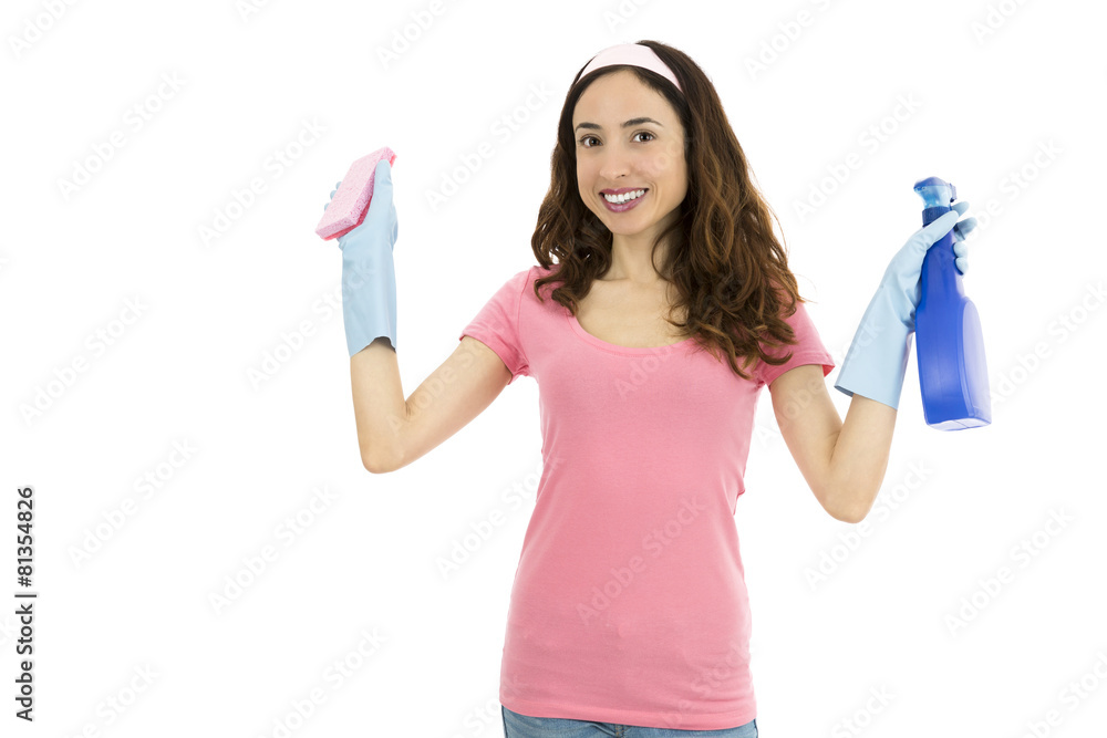 Spring cleaning woman with a sponge and spray detergent Spring cleaning woman with a sponge and spray detergent
