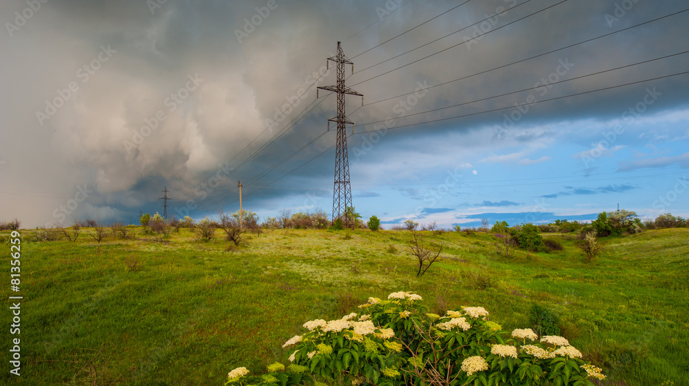 Obraz premium High voltage power line pole on a hillside, spring landscape.
