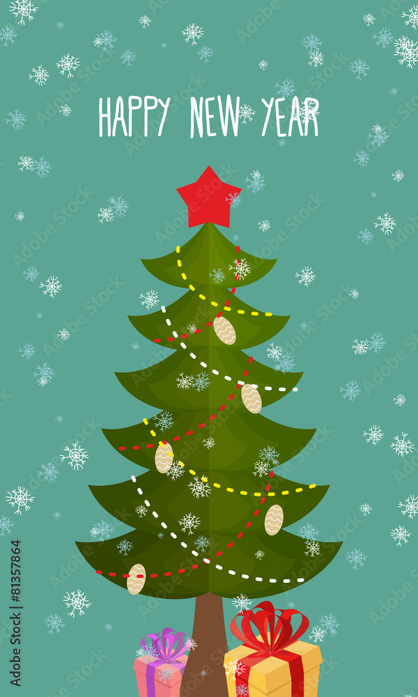 Happy new year greeting card. Christmas tree and gift. Happy new year greeting card. Christmas tree and gift.