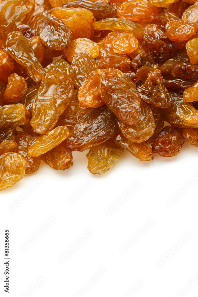 Yellow sultanas raisins isolated on white background cutout