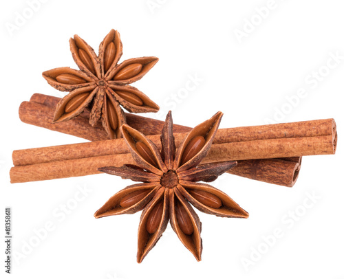 cinnamon stick and star anise spice isolated on white background