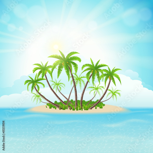 Tropical island with palm trees, sky, clouds and sun