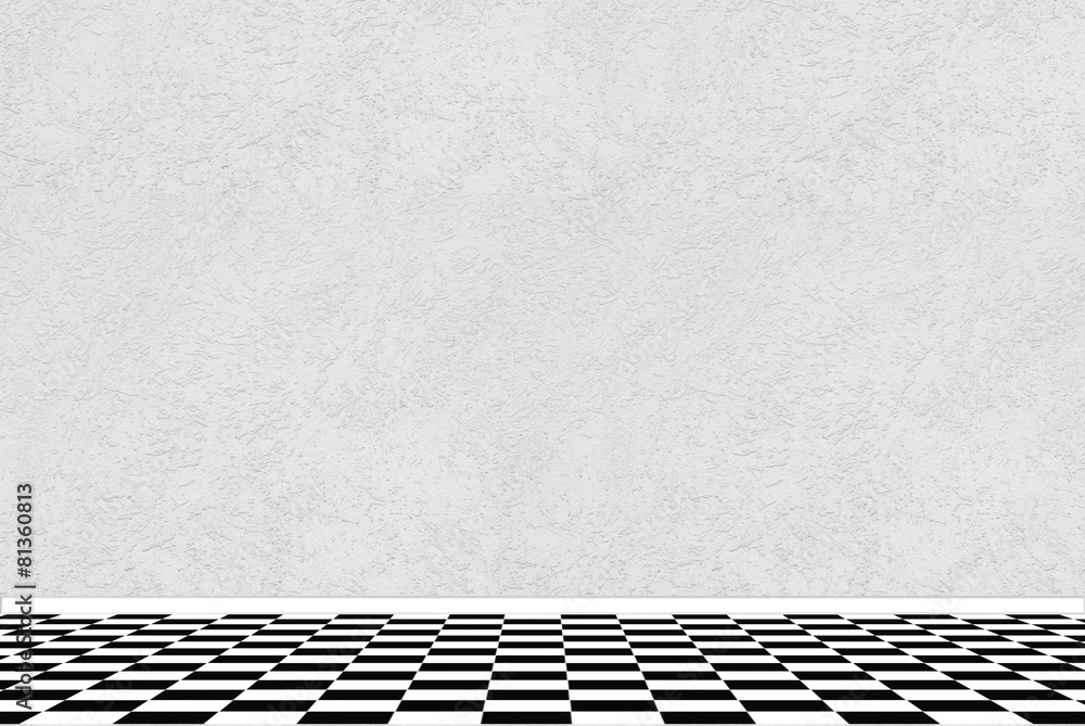 Textured white wall with black and white checkered floor tiles Stock
