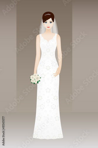 Beautiful bride on grey background, vector card for wedding