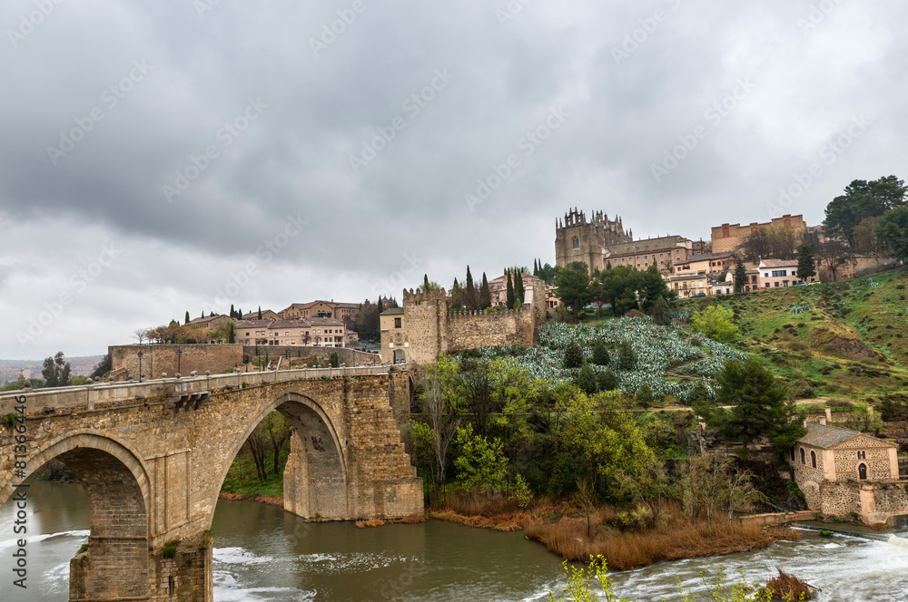 San Martin medieval bridge and Monastery in Toledo, Spain