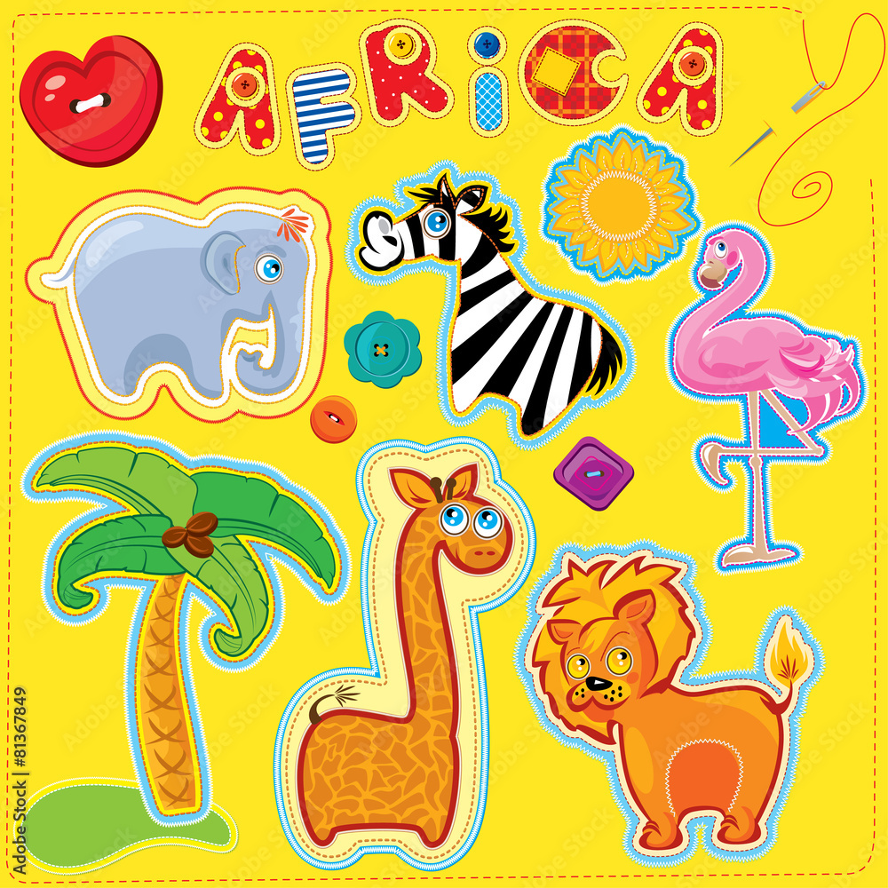 Set of buttons, cartoon animals and word AFRICA - hand made cuto