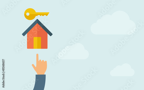 Hand pointing to a house key icon.